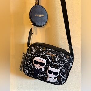 KARL LAGERFELD Black and White Crossbody Bag with Coin Pouch. NEW with tags.